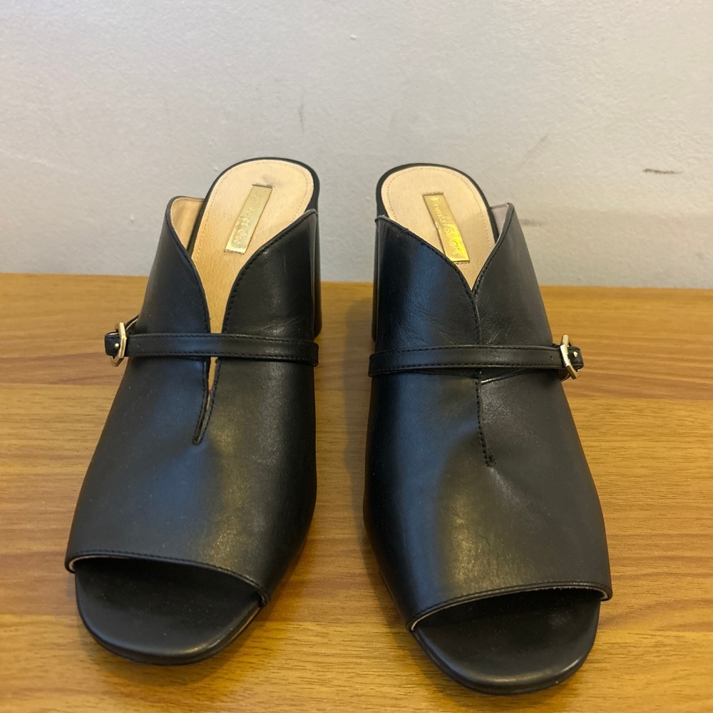 Louise et Cie Kimba Black Leather Block Heel Mules Gold Buckle Open Toe 9M - Picture 4 of 11